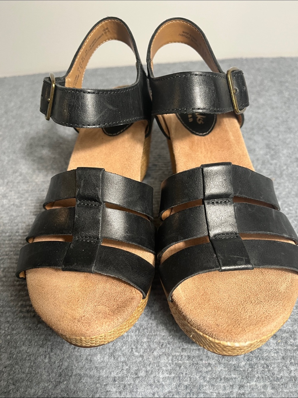 Clarks Black Strappy Wedge Sandals with Buckle